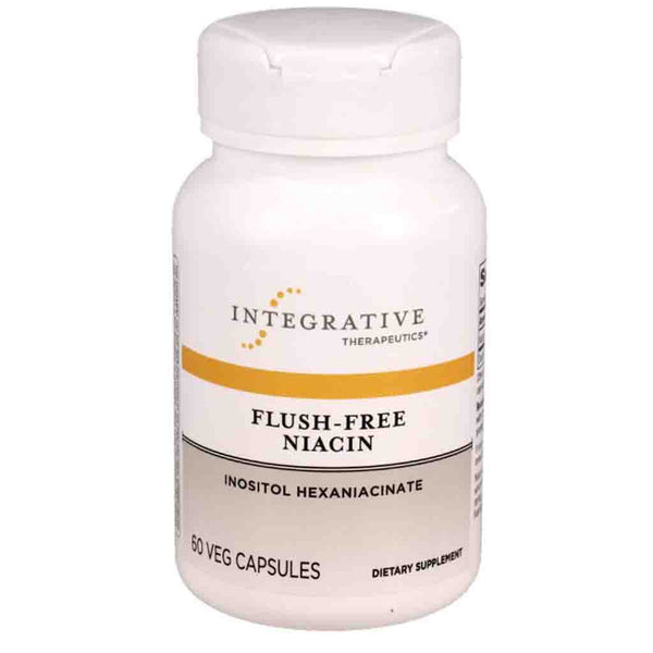 Supplement bottle labeled 'Flush-Free Niacin' by Integrative Therapeutics on a white background