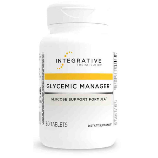Supplement bottle labeled 'Glycemic Manager' by Integrative Therapeutics on a white background