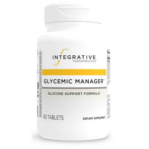 Supplement bottle labeled 'Glycemic Manager' by Integrative Therapeutics on a white background