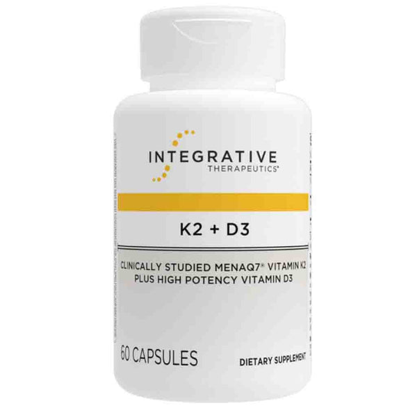 Supplement bottle labeled 'Integrative Therapeutics K2 + D3' on a white background