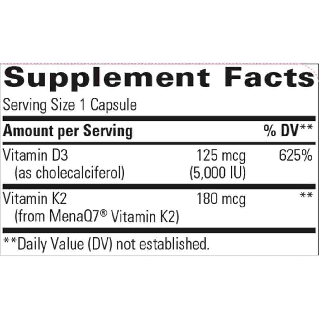 Supplement facts label for a capsule containing Vitamin D3 and Vitamin K2 on a white background.