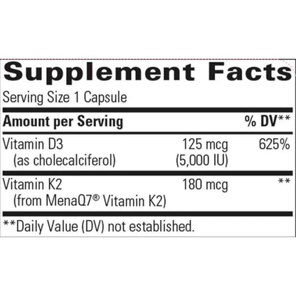 Supplement facts label for a capsule containing Vitamin D3 and Vitamin K2 on a white background.