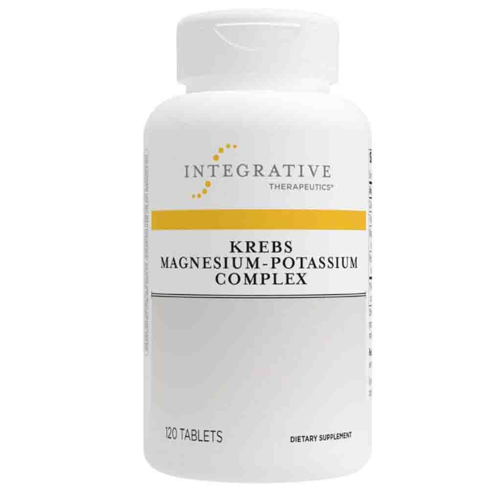Supplement bottle labeled 'Krebs Magnesium-Potassium Complex' by Integrative Therapeutics on a white background.
