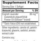 Supplement facts label for English Lavender flower oil with serving size and ingredient details.