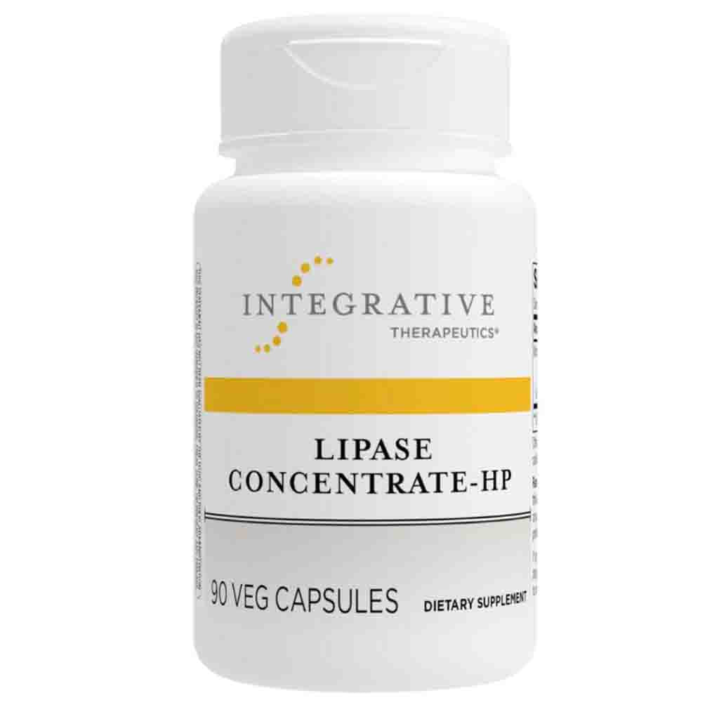 Supplement bottle labeled 'Lipase Concentrate-HP' by Integrative Therapeutics on a white background