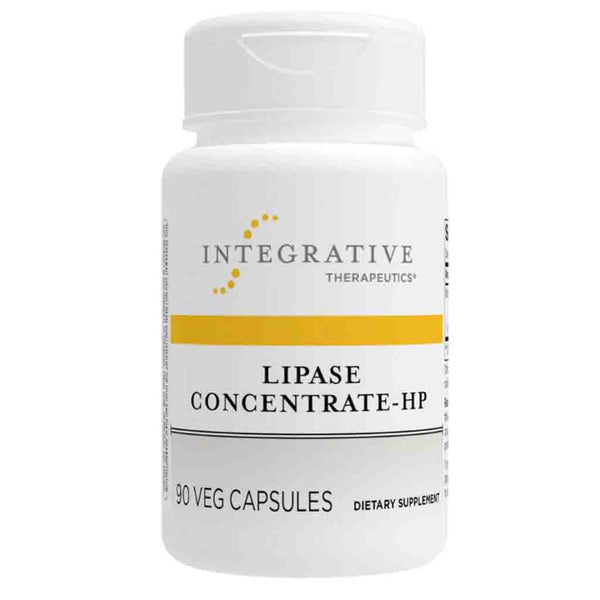 Supplement bottle labeled 'Lipase Concentrate-HP' by Integrative Therapeutics on a white background