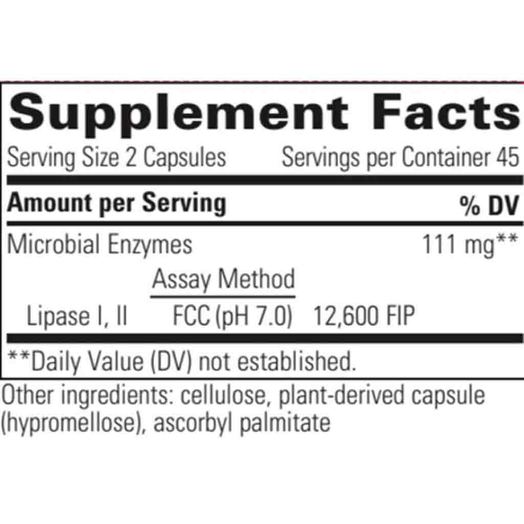 Supplement facts label with microbial enzymes and assay method details on a white background