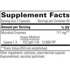 Supplement facts label with microbial enzymes and assay method details on a white background