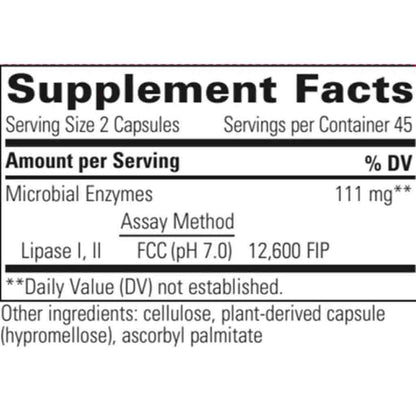 Supplement facts label with microbial enzymes and assay method details on a white background