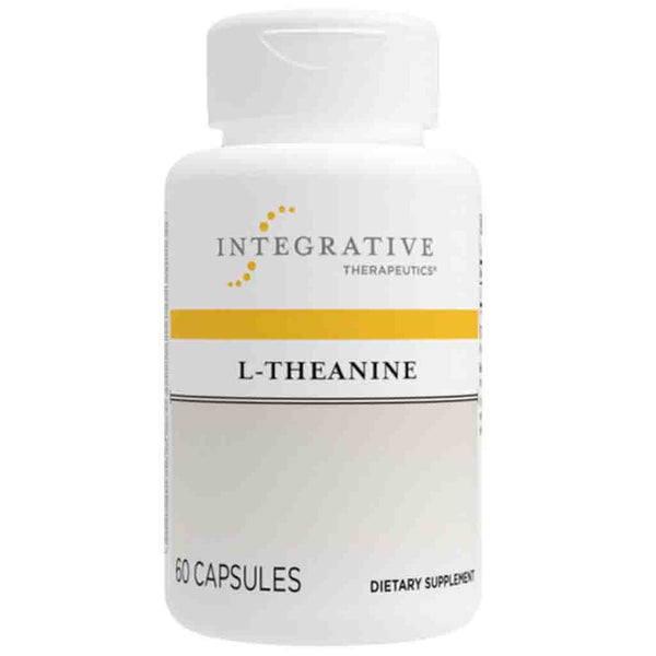Supplement bottle labeled 'L-Theanine' by Integrative Therapeutics on a white background
