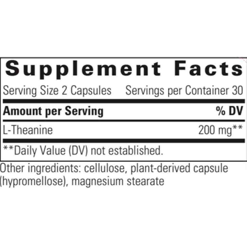 Supplement facts label with L-Theanine content on a white background