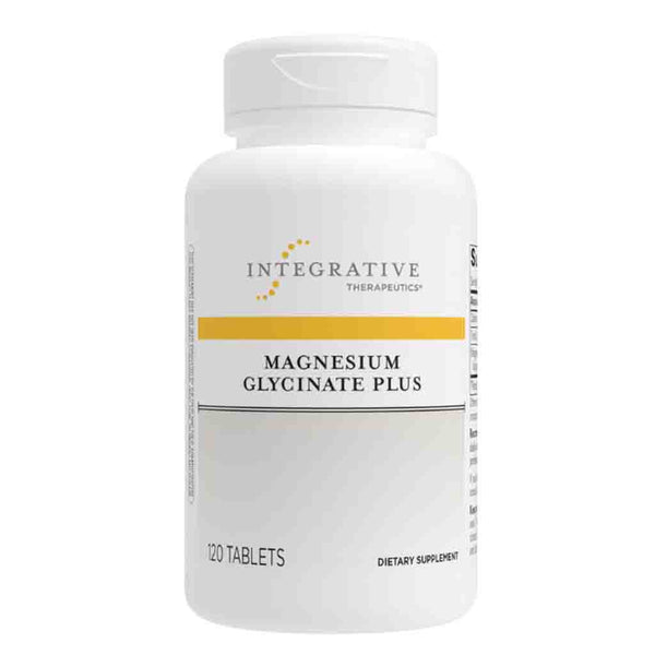 Supplement bottle labeled 'Magnesium Glycinate Plus' by Integrative Therapeutics on a white background