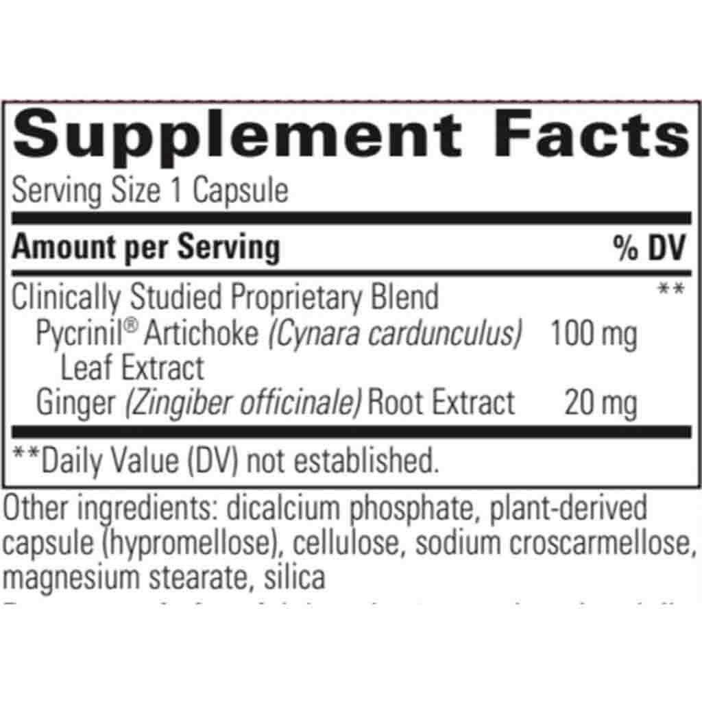 Supplement facts label with Pycrinii Artichoke and Ginger Root Extract on a white background