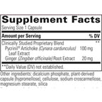 Supplement facts label with Pycrinii Artichoke and Ginger Root Extract on a white background