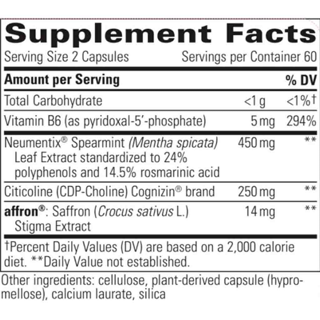 Supplement facts label with various nutrients and their amounts per serving.