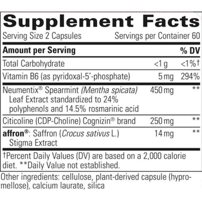 Supplement facts label with various nutrients and their amounts per serving.