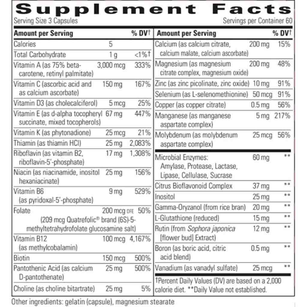 Supplement facts label with detailed nutritional information on a white background
