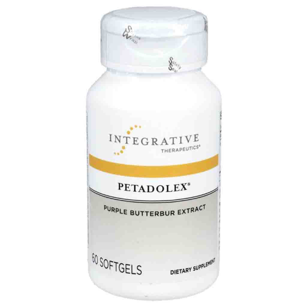 A white plastic bottle of Integrative Therapeutics Petadolex Purple Butterbur Extract dietary supplement, containing 60 softgels, shown on a plain white background.
