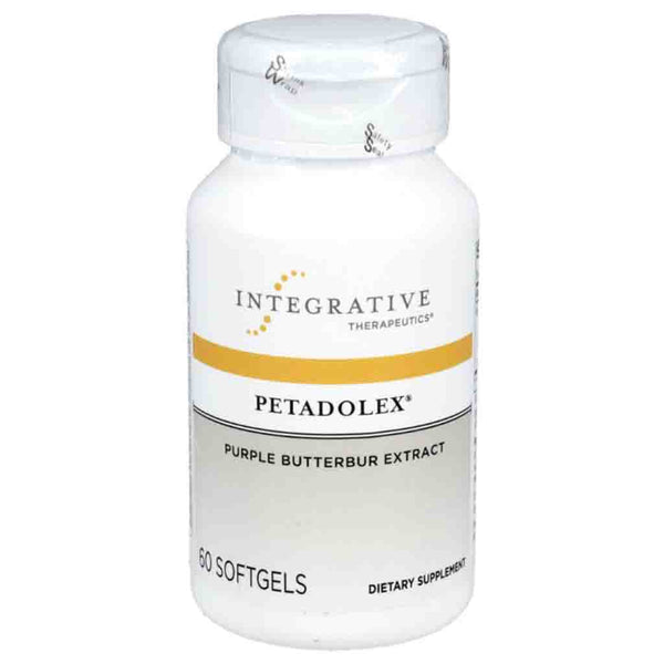 A white plastic bottle of Integrative Therapeutics Petadolex Purple Butterbur Extract dietary supplement, containing 60 softgels, shown on a plain white background.