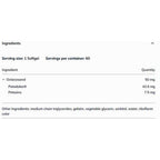 A close-up of an ingredients list on a white background, showing serving size 1 Softgel, 60 servings per container, with listed ingredients including Octacosanol 50 mg, Petadolex 42.5 mg, and Petasins 7.