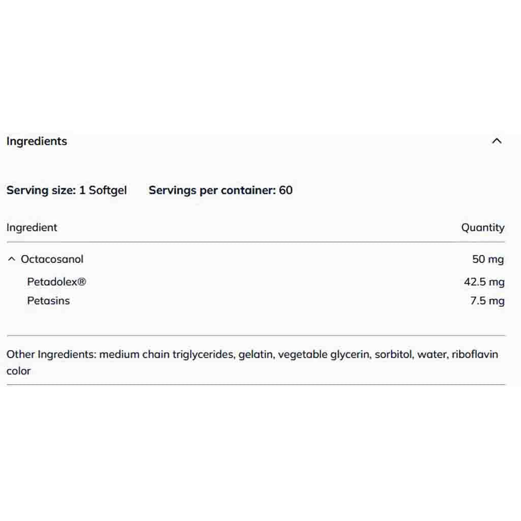 A close-up of an ingredients list on a white background, showing serving size 1 Softgel, 60 servings per container, with listed ingredients including Octacosanol 50 mg, Petadolex 42.5 mg, and Petasins 7.