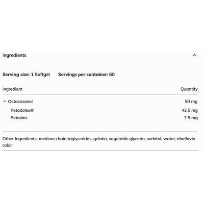 A close-up of an ingredients list on a white background, showing serving size 1 Softgel, 60 servings per container, with listed ingredients including Octacosanol 50 mg, Petadolex 42.5 mg, and Petasins 7.