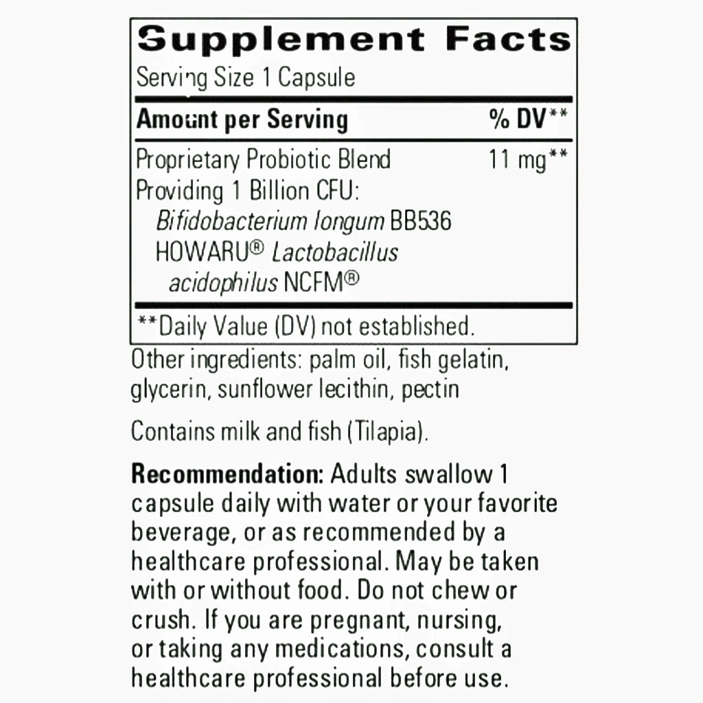 Supplement facts label for a probiotic product on a white background