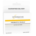 Integrative Therapeutics Probiotic Pearls dietary supplement packaging, showing 90 capsules, with a white box featuring a yellow accent bar and black text.