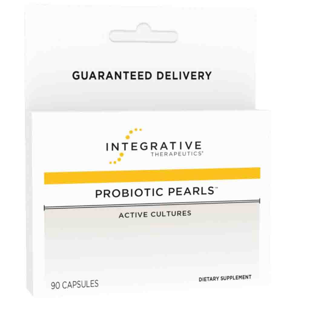 Integrative Therapeutics Probiotic Pearls dietary supplement packaging, showing 90 capsules, with a white box featuring a yellow accent bar and black text.