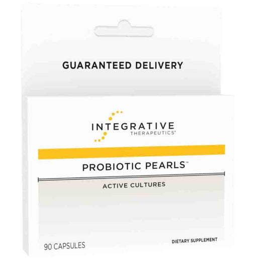 Integrative Therapeutics Probiotic Pearls dietary supplement packaging, showing 90 capsules, with a white box featuring a yellow accent bar and black text.
