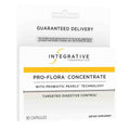 Integrative Therapeutics Pro-Flora Concentrate dietary supplement packaging, featuring a white box with a yellow stripe and black text, with a hanging card above.