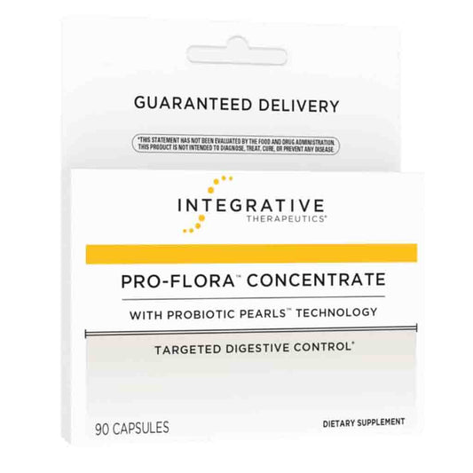 Integrative Therapeutics Pro-Flora Concentrate dietary supplement packaging, featuring a white box with a yellow stripe and black text, with a hanging card above.
