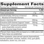 A close-up of a supplement facts label showing the Supplement Facts panel for Yamashubitake capsules, including ingredients and daily value information.
