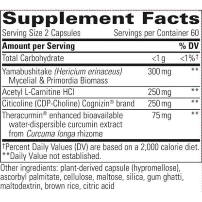 A close-up of a supplement facts label showing the Supplement Facts panel for Yamashubitake capsules, including ingredients and daily value information.