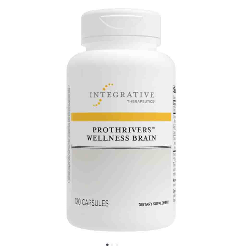 A white plastic bottle of Integrative Therapeutics Prothrivers Wellness Brain dietary supplement with 120 capsules, featuring a yellow accent stripe on the label.