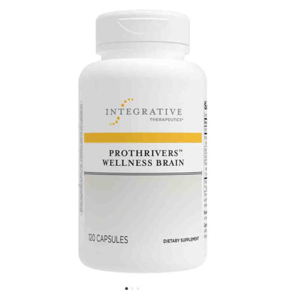 A white plastic bottle of Integrative Therapeutics Prothrivers Wellness Brain dietary supplement with 120 capsules, featuring a yellow accent stripe on the label.