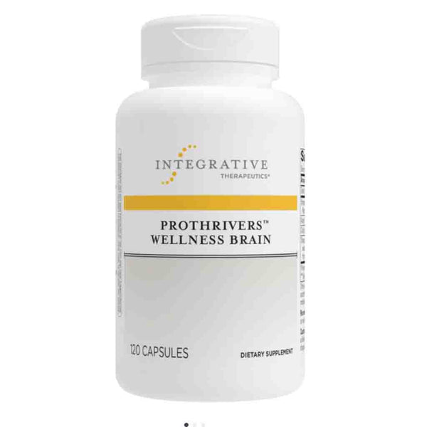 A white plastic bottle of Integrative Therapeutics Prothrivers Wellness Brain dietary supplement with 120 capsules, featuring a yellow accent stripe on the label.