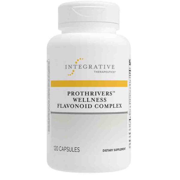 A white plastic bottle of Integrative Therapeutics Prothriver Wellness Flavonoid Complex dietary supplement, containing 120 capsules, on a solid white background.
