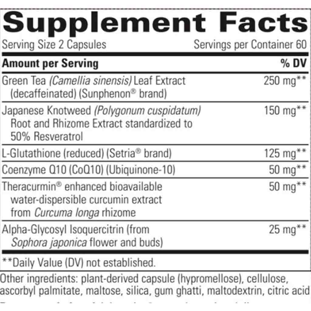 A close-up of a supplement facts label showing a supplement bottle's ingredients list. The label reads 'Supplement Facts' and lists Green Tea (Camellia sinensis) Leaf Extract, Japanese Knotweed (Polygonum cuspidatum), L-Glutathione (Setria® brand), Coenzyme Q10 (CoQ10) (Ubiquinone-10), Theracurmin, and Alpha-Glycosyl Isoquercitin, with amounts per serving and daily value percentages.