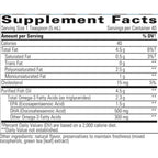 A close-up of a supplement facts label showing a table with serving size, calories, total fat, trans fat, polyunsaturated fat, monounsaturated fat, cholesterol, and purified fish oil amounts per serving.