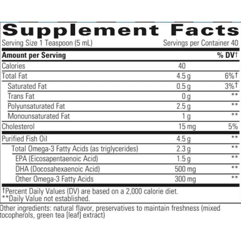 A close-up of a supplement facts label showing a table with serving size, calories, total fat, trans fat, polyunsaturated fat, monounsaturated fat, cholesterol, and purified fish oil amounts per serving.