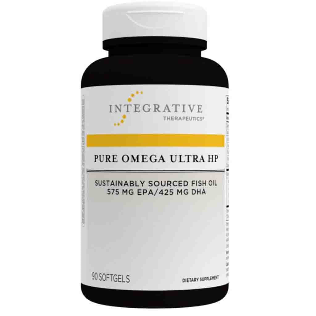 A bottle of Integrative Therapeutics Pure Omega Ultra HP dietary supplement, featuring a white cap, black bottle, and a white label with yellow and black text.