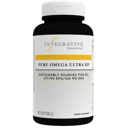 A bottle of Integrative Therapeutics Pure Omega Ultra HP dietary supplement, featuring a white cap, black bottle, and a white label with yellow and black text.
