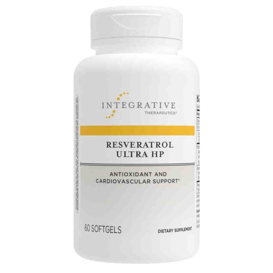 A white bottle of Integrative Therapeutics Resveratrol Ultra HP dietary supplement softgels, featuring a white cap and a label with yellow and gray accents.