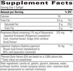 A close-up of a supplement facts label for a softgel, showing the supplement blend ingredients including Japanese Knotweed, Grape, and Sophora.