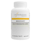 A white bottle of Integrative Therapeutics Rhizinate chewable tablets, featuring a yellow accent stripe and black text on a clean white background.