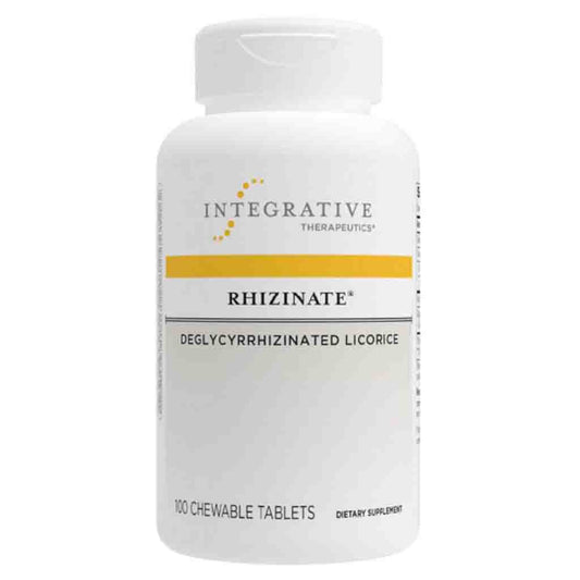 A white bottle of Integrative Therapeutics Rhizinate chewable tablets, featuring a yellow accent stripe and black text on a clean white background.