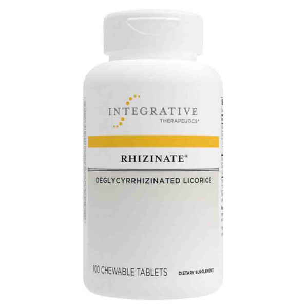 A white bottle of Integrative Therapeutics Rhizinate chewable tablets, featuring a yellow accent stripe and black text on a clean white background.