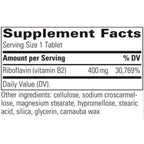 A close-up of a supplement facts label showing riboflavin (vitamin B2) content of 400 mg, 30.769% DV, with other ingredients listed below on a white background.