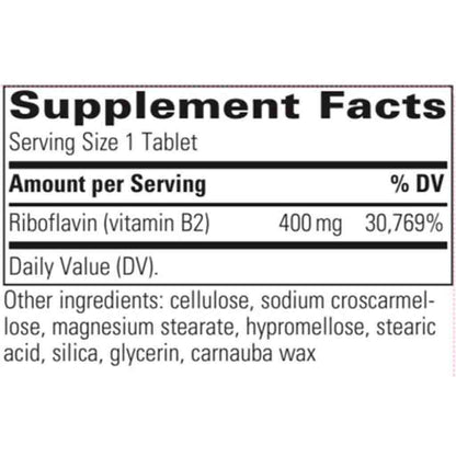 A close-up of a supplement facts label showing riboflavin (vitamin B2) content of 400 mg, 30.769% DV, with other ingredients listed below on a white background.